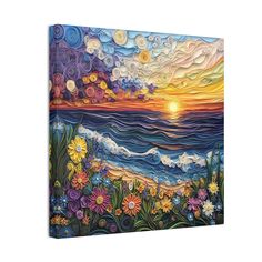 a painting of flowers and the ocean at sunset with clouds in the sky above it