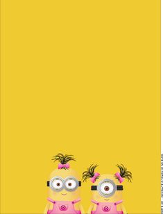 two minion girls in pink dresses standing next to each other on a yellow background