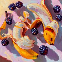 Bananas and blackberries - Oil painting print - AlaiGanuza Illustration Pop Art, Posca Art, Arte Inspo, 판타지 아트, Art Inspiration Painting, Painting Art Projects, Sketchbook Art Inspiration, Art Inspiration Drawing, Funky Art