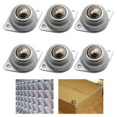 six stainless steel ball bearing units with screws on each side and four different pictures