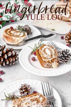 two white plates topped with cinnamon roll and pine cones