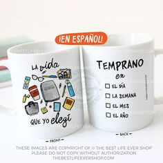 two coffee mugs with different types of items on them, one is white and the other is black