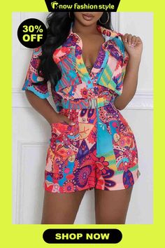 Street Boho Floral Print Turndown Collar Half Sleeve Pocket Buckle Loose Vacation Shirt Rompers With Belt Trendy Multicolor Tops With Pockets, Multicolor Beach Tops With Pockets, Party Outfits, Colorful Party, Turndown Collar, African Attire, Vacation Shirts, Boho Floral, Wholesale Fashion