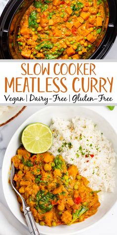 slow cooker meatless curry in a bowl with rice and garnishes