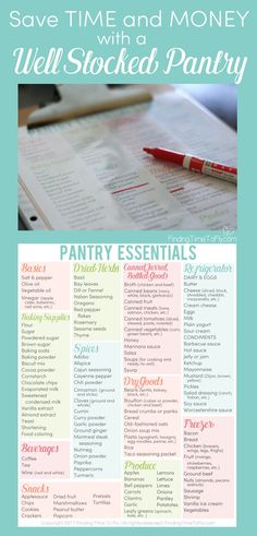 a poster with the words, save time and money well - stocked pantry on it