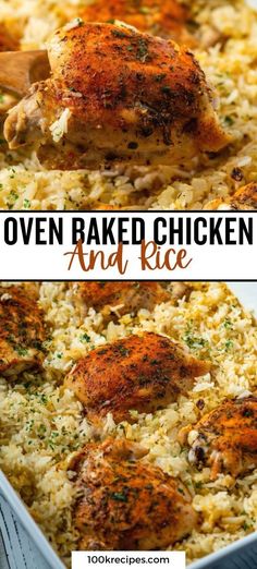 oven baked chicken and rice in a casserole dish with text overlay that reads oven baked chicken and rice