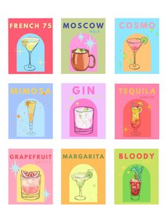 Drink Prints: 9 Pack Prints Digital Digital Painting Ideas Inspiration, Drinks Canvas Painting, Paintings Of Alcoholic Drinks, Drink Painting Art, Cocktail Canvas Painting, Drink Painting Canvases, Drink And Paint Ideas, Cocktail Painting Easy, Cocktail Prints Art