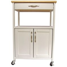 a white kitchen cart with two doors and one drawer on the bottom, sitting against a white background