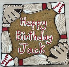 a birthday cake with baseballs and mitts on it that says happy birthday jack