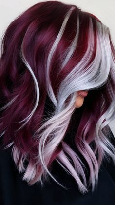 Burgundy Hair Color With Blonde Highlights, Red Silver Hair Color, Silver To Red Ombre Hair, Platinum And Burgundy Hair, Colour Highlights For Blonde Hair, Silver And Burgundy Hair, Silver And Teal Hair, Blond And Burgundy Hair, Money Piece Ombre