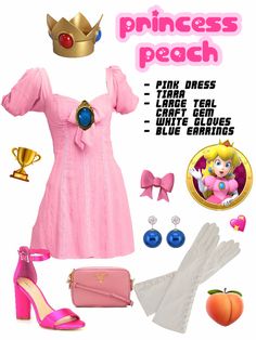 there is a pink dress and accessories on this page with the title princess peach written below