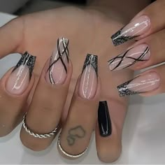 New Includes 24 Nails Glossy Finish Long/Xl Length Check Out My Closet For More Nails Black And Nude Nails, Silver Nail Designs, New Years Nail Designs, Black Nail Designs, Beauty Inspo, Nail Polish Designs, New Year's Nails, Silver Nails, Elegant Nails