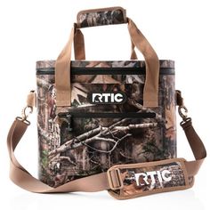 a camo cooler bag with the words rtic on it and a brown strap