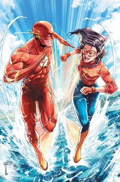 the flash and supergirl are running through the water together in this comic book cover