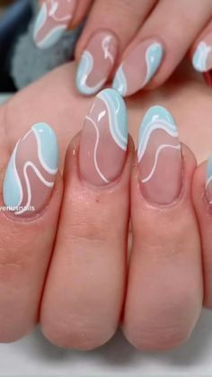 Modern Nails 2023 Summer, Mail Inspo 2023 Summer Almond, Squigleyline Nails, Simple Line Design Nails, Coastal Girl Nails, Blue Summer Nails Almond Shape, Wavy Lines Nails, Nails With Waves, Beach Wave Nails