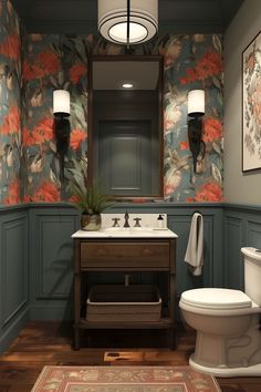 a bathroom with a toilet, sink and mirror next to a rug on the floor