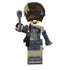 a lego character holding a fork and knife in her hand with an evil look on her face