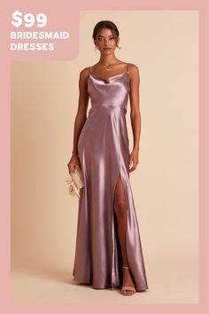 If our Lisa Satin Midi is the young, fun-loving sister, this floor-length one is the elegant, grown-up sis. She still flaunts the same signature 90s cowl neck, but this Lisa is a head-turning statuesque beauty. We see this satin bridesmaid dress paired with a chic little clutch, and a dainty pearl necklace to accentuate your collarbone. Long Satin Dress, Mauve Bridesmaid, Mauve Bridesmaid Dress, Satin Gowns, Satin Bridesmaid Dress, Grey Bridesmaids, Dark Mauve, Birdy Grey, Grey Dresses