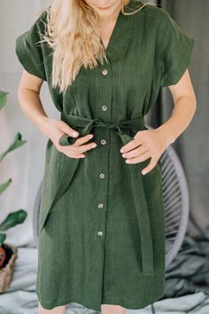 "MsWrinkle's clothing - from human to human. 100% handmade. *Description* - Loose fit shirt dress with short sleeves, buttons, pockets and belt; - High quality European linen; - Washed and softened (doesn't shrink anymore); - Medium weight linen (170 g/m2); - Our linen is OEKO-TEX certified that meets human ecological safety requirements; - Not transparent; - Not ironed and we suggest to use tumble dryer to keep soft and naturally wrinkled look. *Sizes* For perfect fit please send us your bust a Summer Button-up Belted Dress With Buttons, Casual Belted Shirt Dress For The Beach, Summer Short Sleeve Belted Dress With Buttons, Summer Belted Dress With Buttons And Short Sleeves, Casual Short Sleeve Belted Dress For Summer, Spring Short Sleeve Belted Dress With Pockets, Spring Belted Dress With Pockets And Short Sleeves, Beach Shirt Dress With Tie Waist And Short Sleeves, Casual Belted Dress For Daywear