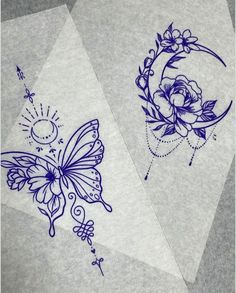 two sheets with tattoos on them sitting next to each other, one has a butterfly and the other has a flower