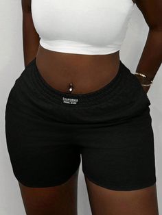 Women Casual Basic Sports Elastic Waist Pocket Jogging Shorts In Sweatshirt Material Black Casual   Knitted Fabric Letter,Plain Track Shorts Slight Stretch  Women Clothing, size features are:Bust: ,Length: ,Sleeve Length: Jogging Shorts, Fabric Letters, Track Shorts, Womens Bottoms, Women Clothing, Jogging, Sweat Shirt, Knitted Fabric, Casual Women