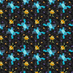 an image of cartoon monsters on black background with blue, orange and yellow colors in the middle