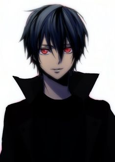 an anime character with red eyes wearing a black hoodie and dark clothes, standing in front of a white background