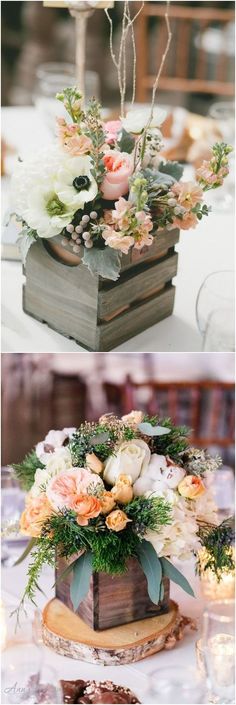 an arrangement of flowers and greenery on top of a wooden box at a wedding reception