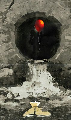 a red balloon floating in the air over water next to a stone wall with a star on it