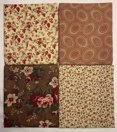 four pieces of fabric with flowers and circles on the top one has red, white, green, and tan colors