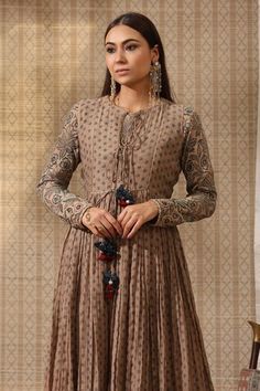 Beige anarkali featuring hand block print floral print with mukaish detailing. Paired with a printed jacket and a pant. - Aza Fashions Floral Anarkali, Agra, Pants Pattern, Anarkali, Full Sleeve, Aza Fashion, Fashion Set, Block Print, Round Neck