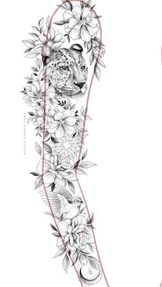 an arm tattoo with flowers and a leopard on it