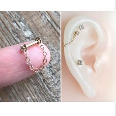 an earring is shown next to a photo of a pair of piercings on someone's finger