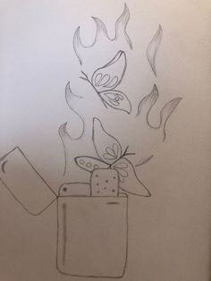 a drawing of a lighter with butterflies coming out of it and fire in the background