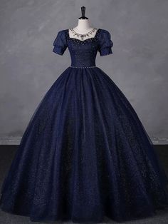 Blue Long Gown Dress, Blue Ball Gowns Princesses, Navy Blue Prom Dresses Long Sleeve, Dark Blue Dresses Prom, Dark Blue Fantasy Dress, Blue Princess Dress Aesthetic, Dark Blue Princess Dress, Dark Blue Dress Aesthetic, Blue Masquerade Dress