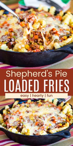 the finished shepherd's pie loaded fries in a cast iron skillet and topped with melted cheese