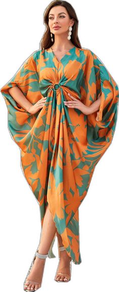 Summer Tropical V-neck Kaftan, Floral Print Kaftan With Kimono Sleeves For Beach Cover-up, Batwing Sleeve Dress, Silk Kaftan With Floral Print For Beach Cover-up, Tropical V-neck Floral Print Kaftan, Multicolor Printed Cover-up With Kimono Sleeves, Bat Wings, Batwing Sleeve, Dress P