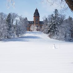 a large building sitting on top of a snow covered field next to trees and bushes