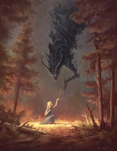 a painting of a woman in the woods with a dragon above her head and fire behind her