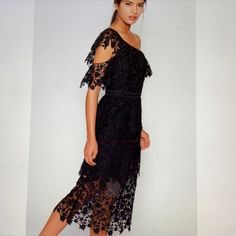 Stunning Solid Black Lack Dress. Unique Lace Draped One Shoulder Design. Hidden Zip Closure. Brand New But No Hang Tags. Msrp $448 Chic Midi-length Lace Party Dress, Chic Lace Midi Dress For Party, Chic Midi Lace Dress For Party, Elegant Summer Lace Evening Dress, Chic Off-shoulder Lace Maxi Dress, Elegant Summer Evening Lace Dress, Chic Knee-length Lace Dress For Evening, Dressy Lace Midi Length Dress For Evening, Dressy Lace Midi Dress For Evening