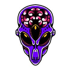 a purple alien head with yellow eyes and an intricate pattern on it's forehead