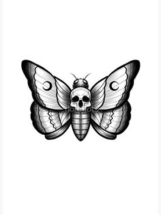 a black and white drawing of a butterfly with skull on it's back wings