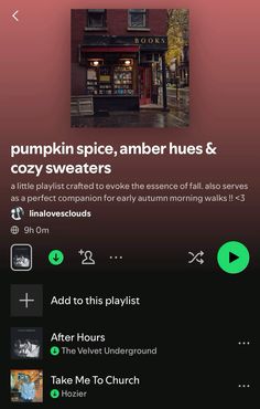 an iphone screen with the words pumpkin spice, amber hues and cozy sweaters