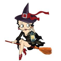 a cartoon witch sitting on top of a broom with a cell phone in her hand