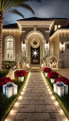 a house decorated for christmas with lights and presents on the front lawn, surrounded by palm trees