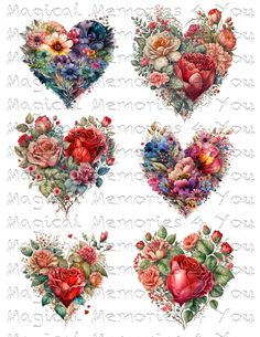 four heart shaped flowers and leaves on a white background