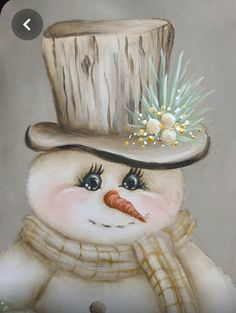 a painting of a snowman with a hat and scarf on it's head