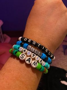 Custom personalized Supernatural bracelets, made to order, just for you! Any character, any ship, any quote, any anything Supernatural related! Your arm will look beautiful in our amazing custom patterned kandi bracelets <3 We offer all colors of the rainbow, plus a few extra shades, and various specialty beads. If you have something specific in mind, please message us beforehand to see if it's possible! Please refer to the last photo to see an example of our variety :D Check out our shop for Customized Themed Bracelets As Gift, Customized Themed Bracelets For Gifts, Customizable Green Bracelet For Personalized Gift, Personalized Themed Bracelets With Round Beads, Personalized Themed Beaded Bracelets As Gifts, Personalized Themed Beaded Bracelets For Gifts, Themed Personalized Round Bead Bracelets, Themed Personalized Beaded Bracelets For Gifts, Customized Themed Black Jewelry