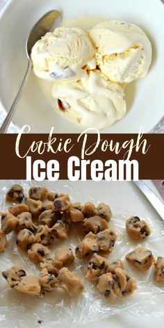 cookie dough and ice cream in a white bowl