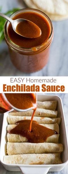 homemade enchilada sauce is being drizzled onto pita bread